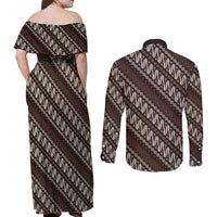 Yogyakarta Parang Batik Motifs Couples Matching Off Shoulder Maxi Dress and Long Sleeve Button Shirt Indonesian Traditional Pattern