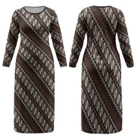 Yogyakarta Parang Batik Motifs Family Matching Long Sleeve Bodycon Dress and Hawaiian Shirt Indonesian Traditional Pattern LT01 Mom's Dress Brown - Polynesian Pride