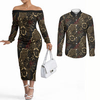 Batik Sekar Jagad Couples Matching Off The Shoulder Long Sleeve Dress and Long Sleeve Button Shirt Indonesian Traditional Pattern LT01 Black - Polynesian Pride