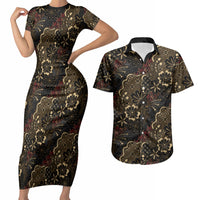 Batik Sekar Jagad Couples Matching Short Sleeve Bodycon Dress and Hawaiian Shirt Indonesian Traditional Pattern LT01 Black - Polynesian Pride