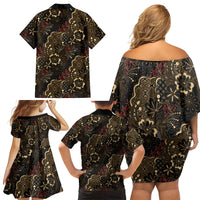 Batik Sekar Jagad Family Matching Off Shoulder Short Dress and Hawaiian Shirt Indonesian Traditional Pattern LT01 Mom's Dress Black - Polynesian Pride