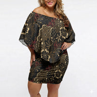 Batik Sekar Jagad Off Shoulder Short Dress Indonesian Traditional Pattern LT01 Women Black - Polynesian Pride