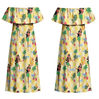 Hawaii Hula Girl Tropical Couples Matching Off Shoulder Maxi Dress and Long Sleeve Button Shirt Yellow Palaka
