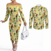 Hawaii Hula Girl Tropical Couples Matching Off The Shoulder Long Sleeve Dress and Long Sleeve Button Shirt Yellow Palaka