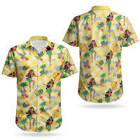 Hawaii Hula Girl Tropical Couples Matching Puletasi and Hawaiian Shirt Yellow Palaka