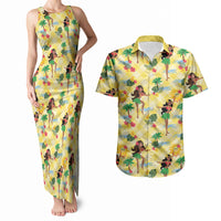 Hawaii Hula Girl Tropical Couples Matching Tank Maxi Dress and Hawaiian Shirt Yellow Palaka