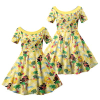 Hawaii Hula Girl Tropical Family Matching Tank Maxi Dress and Hawaiian Shirt Yellow Palaka