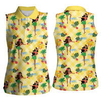 Hawaii Hula Girl Tropical Women Sleeveless Polo Shirt Yellow Palaka