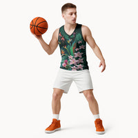 Hawaii Hummingbird Tropical Flowers Basketball Jersey Dark Green