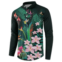 Hawaii Hummingbird Tropical Flowers Button Sweatshirt Dark Green