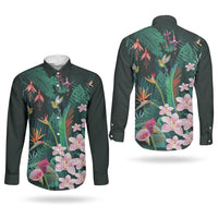 Hawaii Hummingbird Tropical Flowers Couples Matching Off Shoulder Maxi Dress and Long Sleeve Button Shirt Dark Green