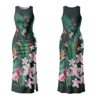 Hawaii Hummingbird Tropical Flowers Couples Matching Tank Maxi Dress and Hawaiian Shirt Dark Green