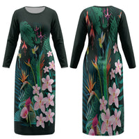 Hawaii Hummingbird Tropical Flowers Family Matching Long Sleeve Bodycon Dress and Hawaiian Shirt Dark Green