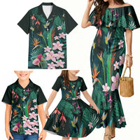 Hawaii Hummingbird Tropical Flowers Family Matching Mermaid Dress and Hawaiian Shirt Dark Green