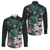 Hawaii Hummingbird Tropical Flowers Family Matching Off Shoulder Short Dress and Hawaiian Shirt Dark Green