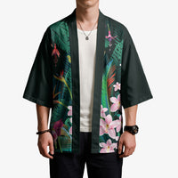 Hawaii Hummingbird Tropical Flowers Kimono Dark Green