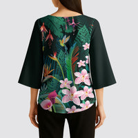 Hawaii Hummingbird Tropical Flowers Kimono Sleeve Blouse Dark Green