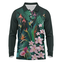 Hawaii Hummingbird Tropical Flowers Long Sleeve Polo Shirt Dark Green