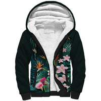 Hawaii Hummingbird Tropical Flowers Sherpa Hoodie Dark Green