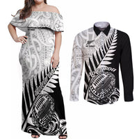 New Zealand Silver Fern Rugby Couples Matching Off Shoulder Maxi Dress and Long Sleeve Button Shirts Aotearoa Maori Black Version LT01 Black - Polynesian Pride
