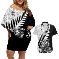 New Zealand Silver Fern Rugby Couples Matching Off Shoulder Short Dress and Hawaiian Shirt Aotearoa Maori Black Version LT01 Black - Polynesian Pride