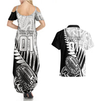 Custom New Zealand Silver Fern Rugby Couples Matching Summer Maxi Dress and Hawaiian Shirt Aotearoa Maori Black Version LT01 - Polynesian Pride