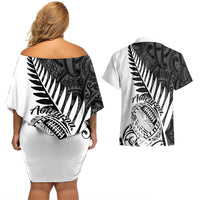 New Zealand Silver Fern Rugby Couples Matching Off Shoulder Short Dress and Hawaiian Shirt Aotearoa Maori White Version LT01 - Polynesian Pride