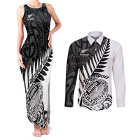 New Zealand Silver Fern Rugby Couples Matching Tank Maxi Dress and Long Sleeve Button Shirts Aotearoa Maori White Version LT01 White - Polynesian Pride