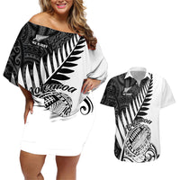 Custom New Zealand Silver Fern Rugby Couples Matching Off Shoulder Short Dress and Hawaiian Shirt Aotearoa Maori White Version LT01 White - Polynesian Pride
