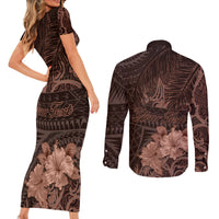 Bula Fiji Masi Couples Matching Short Sleeve Bodycon Dress and Long Sleeve Button Shirt Fijian Tapa Vintage Dark Brown Version LT01 - Polynesian Pride
