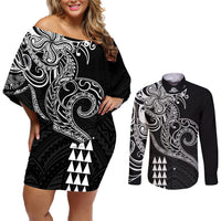 Hawaii Valentine Couples Matching Off Shoulder Short Dress and Long Sleeve Button Shirt Kakau Polynesian Heart LT01 Black - Polynesian Pride