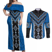 Blue Niho Taniwha Mix Poutama Couples Matching Off Shoulder Maxi Dress and Long Sleeve Button Shirt Unique Taniko Aotearoa