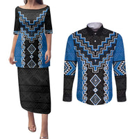 Blue Niho Taniwha Mix Poutama Couples Matching Puletasi and Long Sleeve Button Shirt Unique Taniko Aotearoa