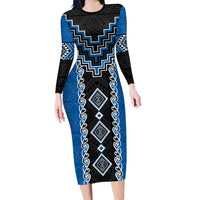Blue Niho Taniwha Mix Poutama Long Sleeve Bodycon Dress Unique Taniko Aotearoa
