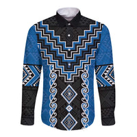 Blue Niho Taniwha Mix Poutama Long Sleeve Button Shirt Unique Taniko Aotearoa