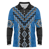 Blue Niho Taniwha Mix Poutama Long Sleeve Polo Shirt Unique Taniko Aotearoa