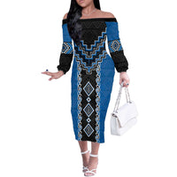 Blue Niho Taniwha Mix Poutama Off The Shoulder Long Sleeve Dress Unique Taniko Aotearoa