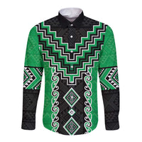 Green Niho Taniwha Mix Poutama Long Sleeve Button Shirt Unique Taniko Aotearoa