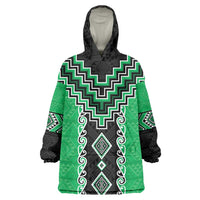 Green Niho Taniwha Mix Poutama Wearable Blanket Hoodie Unique Taniko Aotearoa