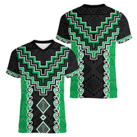 Green Niho Taniwha Mix Poutama Women V-Neck T-Shirt Unique Taniko Aotearoa
