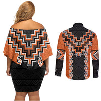 Orange Niho Taniwha Mix Poutama Couples Matching Off Shoulder Short Dress and Long Sleeve Button Shirt Unique Taniko Aotearoa
