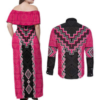 Pink Niho Taniwha Mix Poutama Couples Matching Off Shoulder Maxi Dress and Long Sleeve Button Shirt Unique Taniko Aotearoa LT01 - Polynesian Pride