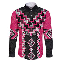 Pink Niho Taniwha Mix Poutama Family Matching Off The Shoulder Long Sleeve Dress and Hawaiian Shirt Unique Taniko Aotearoa