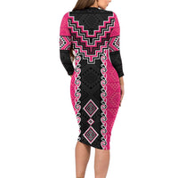 Pink Niho Taniwha Mix Poutama Long Sleeve Bodycon Dress Unique Taniko Aotearoa