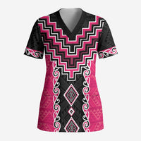 Pink Niho Taniwha Mix Poutama Scrub Top Unique Taniko Aotearoa - Polynesian Pride