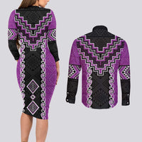 Purple Niho Taniwha Mix Poutama Couples Matching Long Sleeve Bodycon Dress and Long Sleeve Button Shirt Unique Taniko Aotearoa