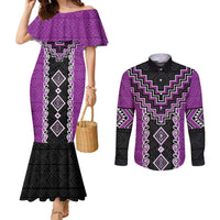 Purple Niho Taniwha Mix Poutama Couples Matching Mermaid Dress and Long Sleeve Button Shirt Unique Taniko Aotearoa