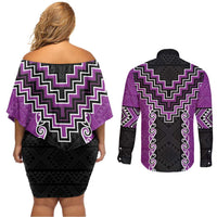 Purple Niho Taniwha Mix Poutama Couples Matching Off Shoulder Short Dress and Long Sleeve Button Shirt Unique Taniko Aotearoa