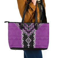 Purple Niho Taniwha Mix Poutama Leather Tote Bag Unique Taniko Aotearoa