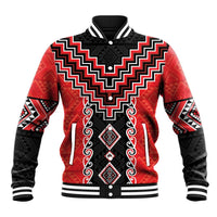 Red Niho Taniwha Mix Poutama Baseball Jacket Unique Taniko Aotearoa